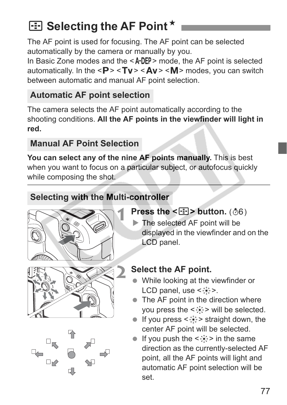 Sselecting the af point n | Canon EOS 30D User Manual | Page 77 / 200