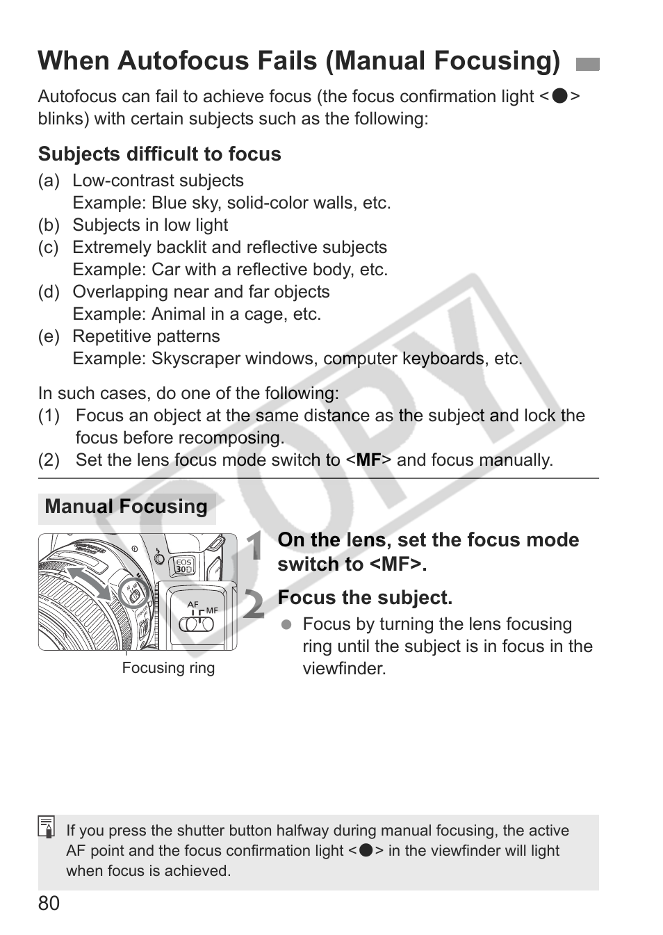 When autofocus fails (manual focusing) | Canon EOS 30D User Manual | Page 80 / 200