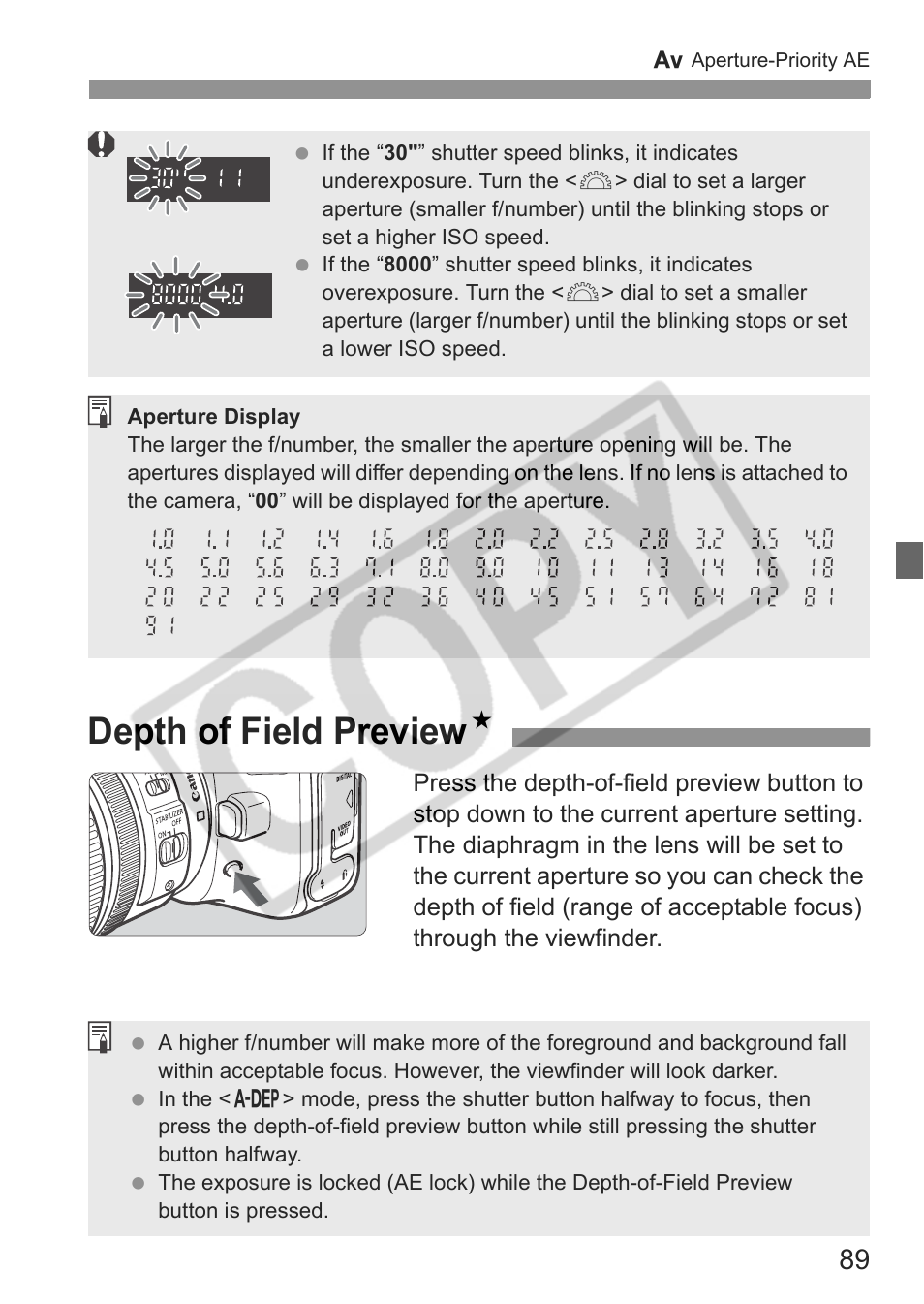 Depth of field preview n | Canon EOS 30D User Manual | Page 89 / 200