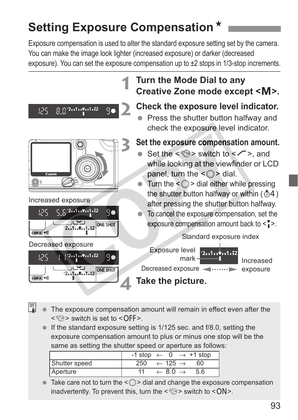 Setting exposure compensation n, Check the exposure level indicator, Set the exposure compensation amount | Take the picture | Canon EOS 30D User Manual | Page 93 / 200