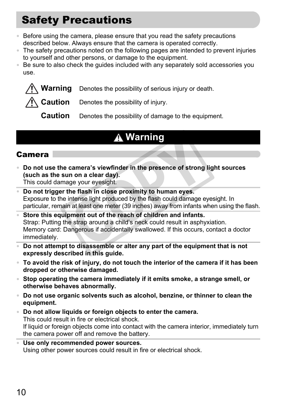 Safety precautions, Co py | Canon PowerShot G11 User Manual | Page 10 / 196
