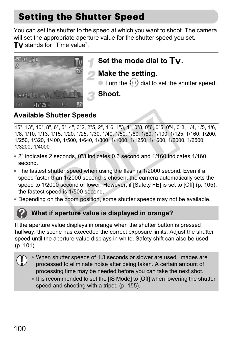 Setting the shutter speed, Peed (pp. 100, Setting the shutter speed” (p. 100) | Co py | Canon PowerShot G11 User Manual | Page 100 / 196