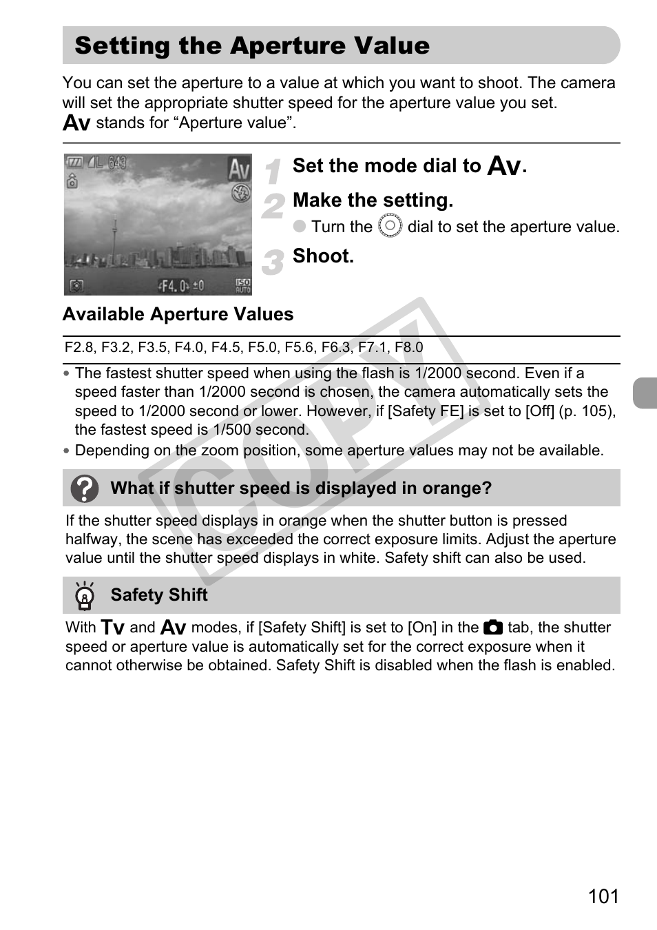 Setting the aperture value, Erture value (pp. 101, Pp. 101 | Setting the aperture value” (p. 101), Co py | Canon PowerShot G11 User Manual | Page 101 / 196