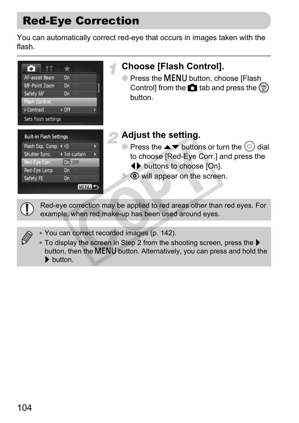 Red-eye correction, P. 104), Pp. 104, 142) | Co py | Canon PowerShot G11 User Manual | Page 104 / 196