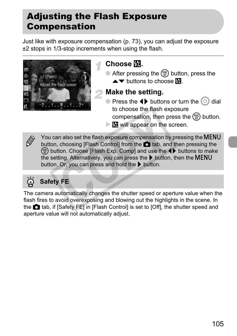 Adjusting the flash exposure compensation, Tion (p. 105), Co py | Canon PowerShot G11 User Manual | Page 105 / 196