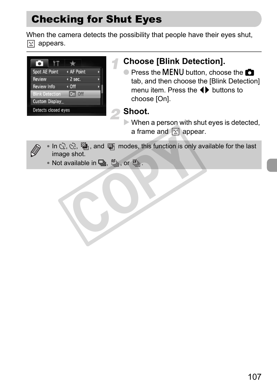Checking for shut eyes, K detection (p. 107), Co py | Canon PowerShot G11 User Manual | Page 107 / 196