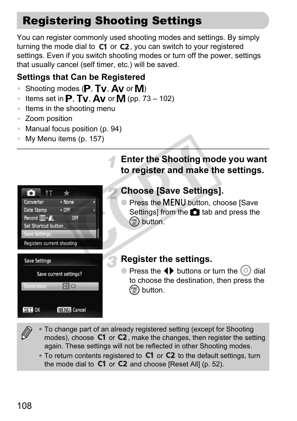 Registering shooting settings, Co py | Canon PowerShot G11 User Manual | Page 108 / 196