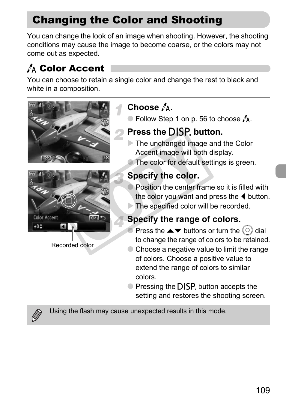 Changing the color and shooting, P. 109), Changing the color and shooting” (p. 109) a | Co py | Canon PowerShot G11 User Manual | Page 109 / 196