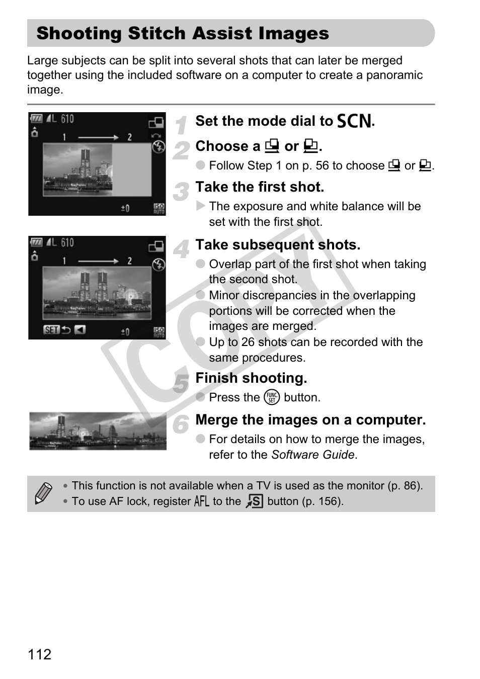 Shooting stitch assist images, Nd “shooting stitch assist images” (p. 112), Co py | Canon PowerShot G11 User Manual | Page 112 / 196