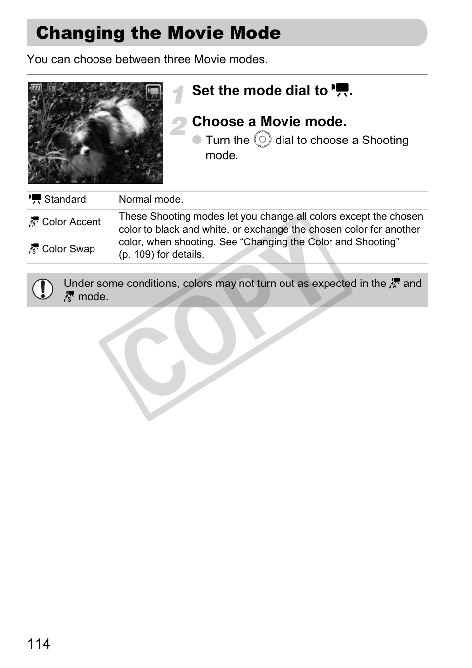 Changing the movie mode, Co py | Canon PowerShot G11 User Manual | Page 114 / 196