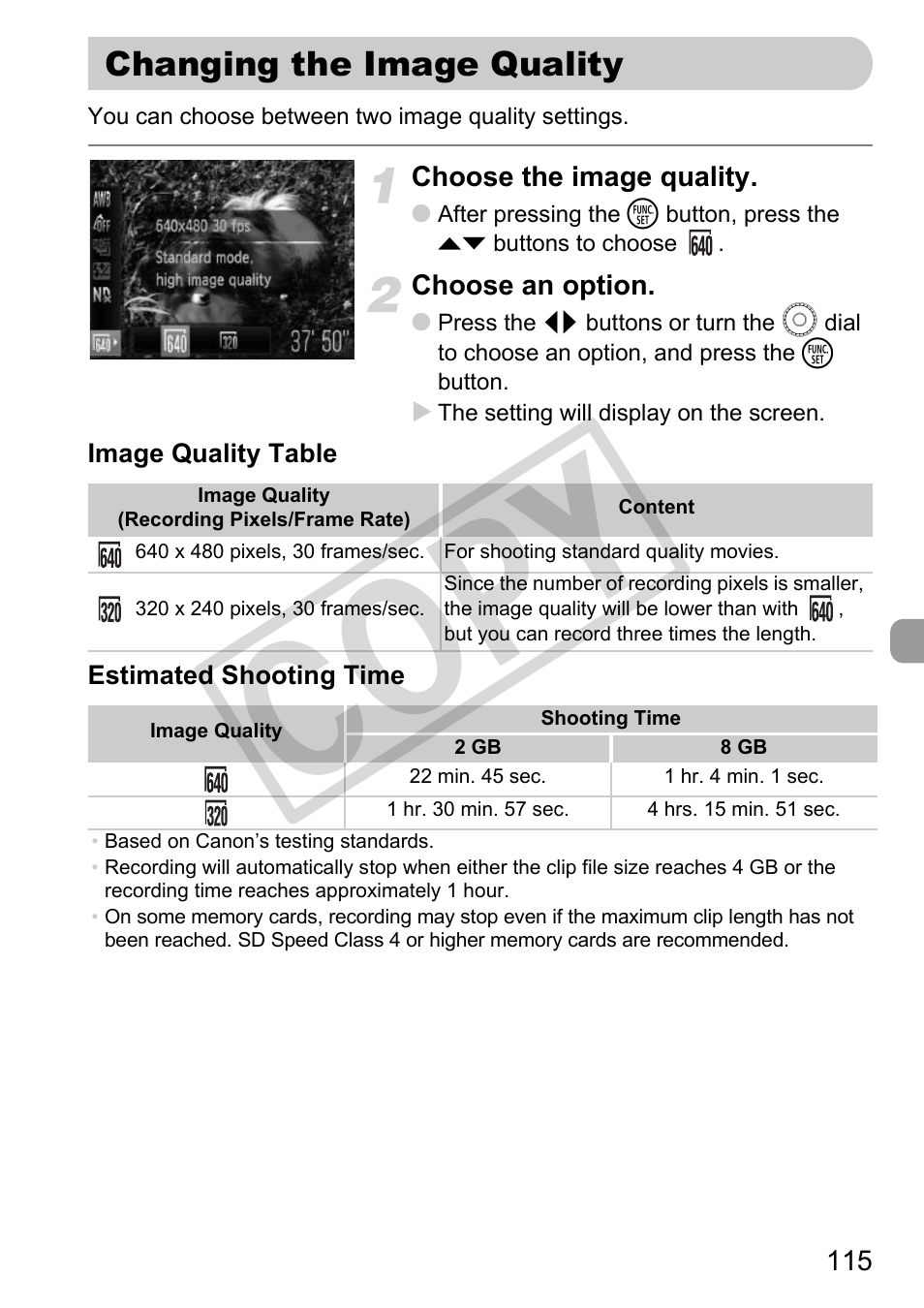 Changing the image quality, Ies) (p. 115), P. 115) | Co py | Canon PowerShot G11 User Manual | Page 115 / 196