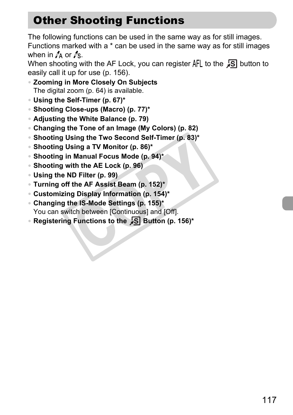 Other shooting functions, Co p y | Canon PowerShot G11 User Manual | Page 117 / 196