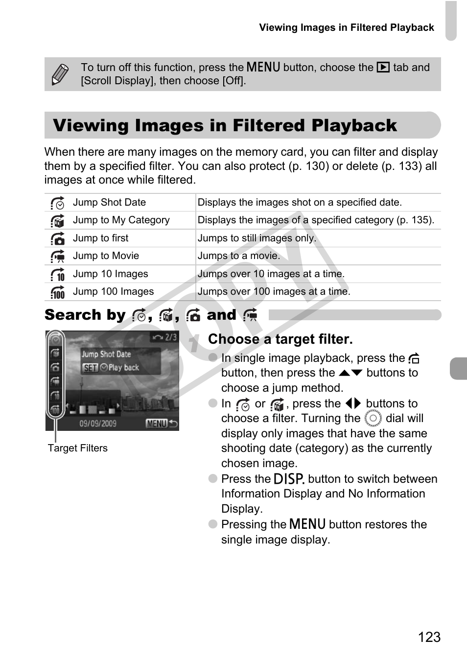 Viewing images in filtered playback, P. 123, Viewing images in filtered playback (p. 123) | Co py | Canon PowerShot G11 User Manual | Page 123 / 196