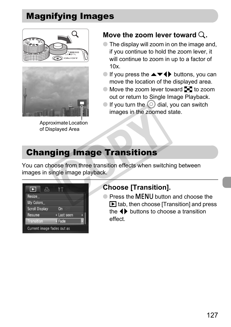 Magnifying images changing image transitions, Changing image transitions (p. 127), Magnifying images” (p. 127) | Co py | Canon PowerShot G11 User Manual | Page 127 / 196