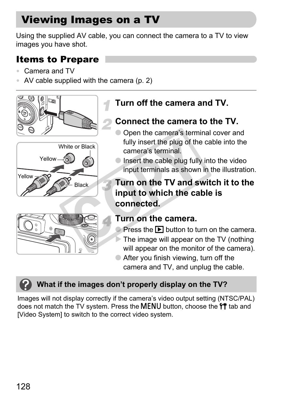 Viewing images on a tv, Terminal (p. 128), P. 128) | Viewing images on a tv (p. 128), Co py | Canon PowerShot G11 User Manual | Page 128 / 196