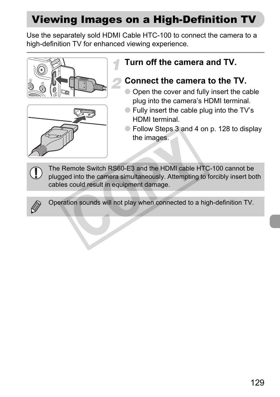 Viewing images on a high-definition tv, Hdmi terminal (p. 129), Co py | Canon PowerShot G11 User Manual | Page 129 / 196