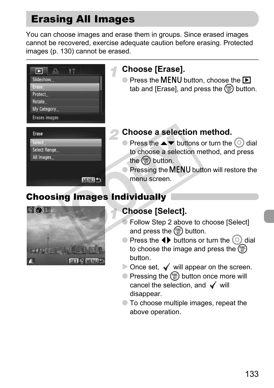 Erasing all images, Erasing all images (p. 133), Erasing all images” (p. 133), or “p | Co py | Canon PowerShot G11 User Manual | Page 133 / 196