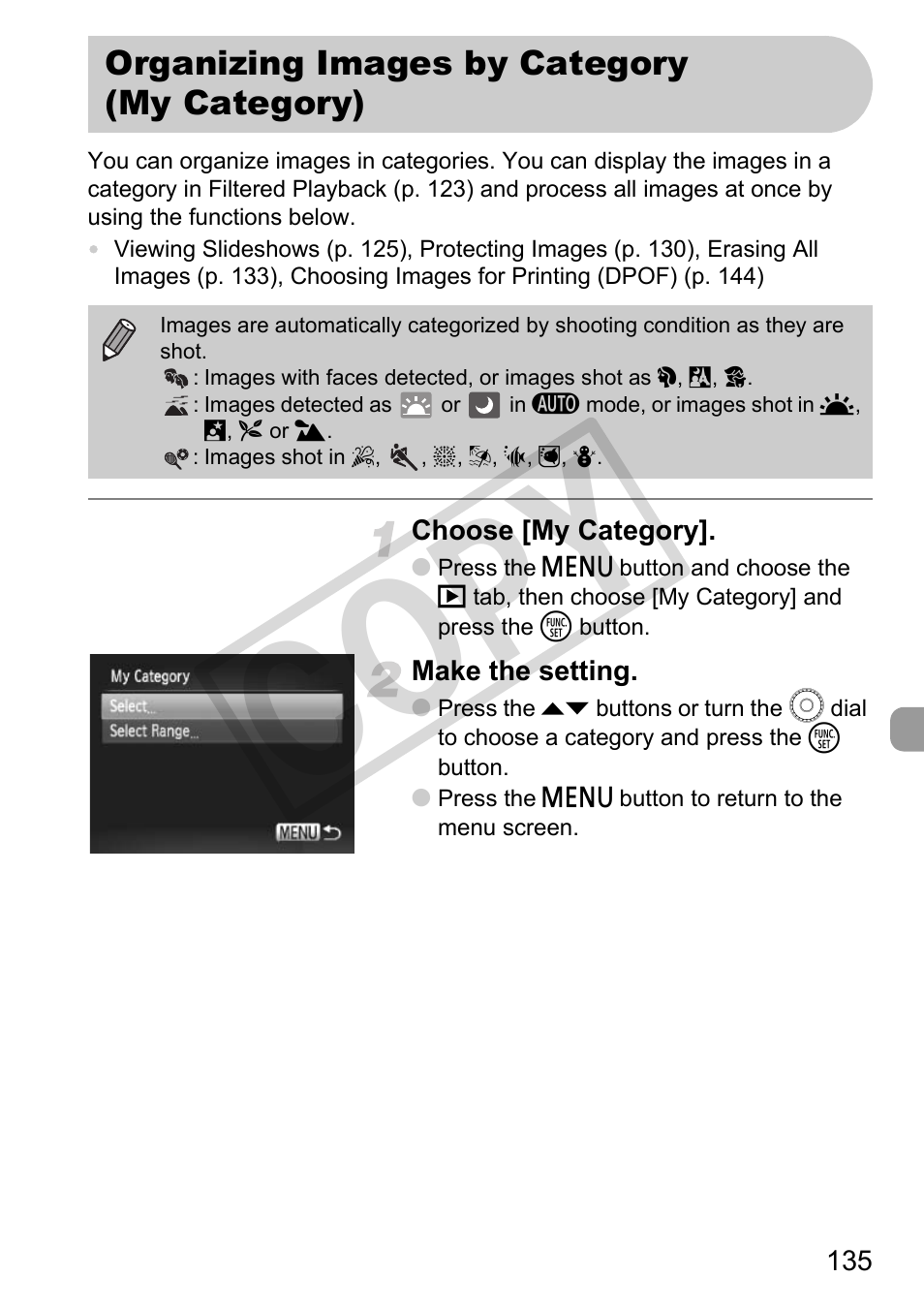 Organizing images by category (my category), My category (p. 135), Gory (p. 135) | Co py | Canon PowerShot G11 User Manual | Page 135 / 196