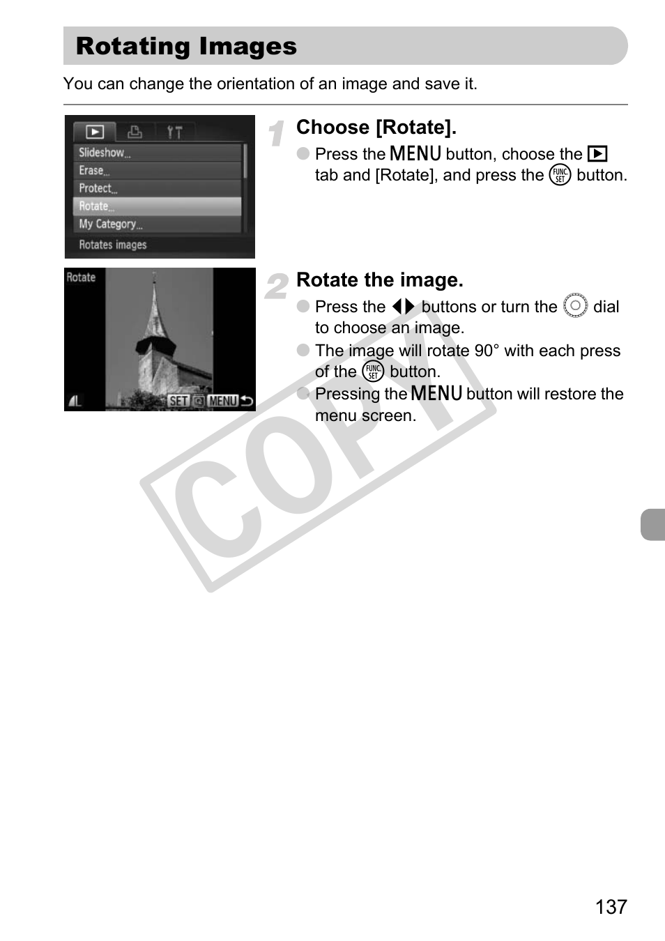 Rotating images, Rotating images (p. 137), Co py | Canon PowerShot G11 User Manual | Page 137 / 196