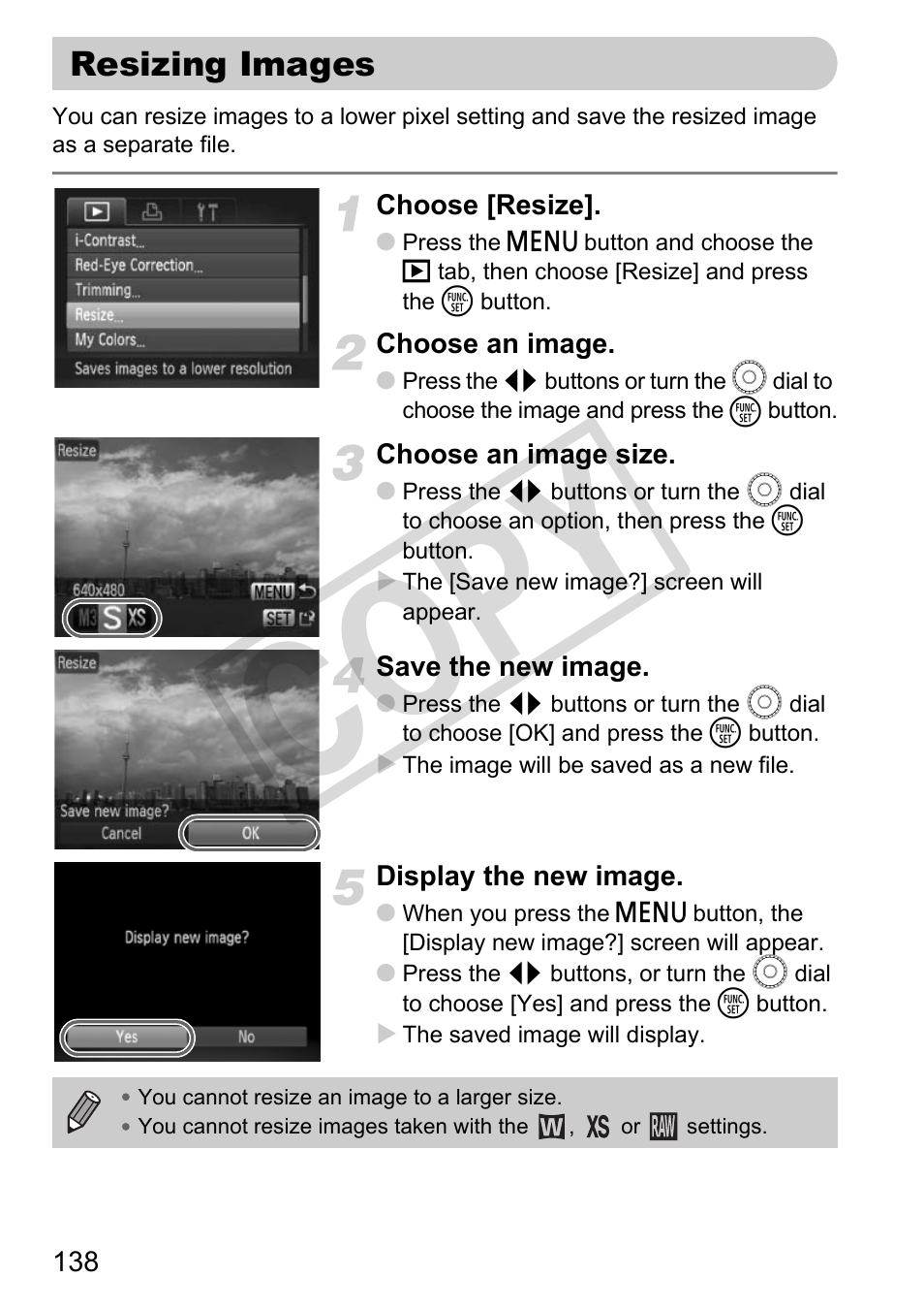 Resizing images, Ing (pp. 138, P. 138 | Co py | Canon PowerShot G11 User Manual | Page 138 / 196