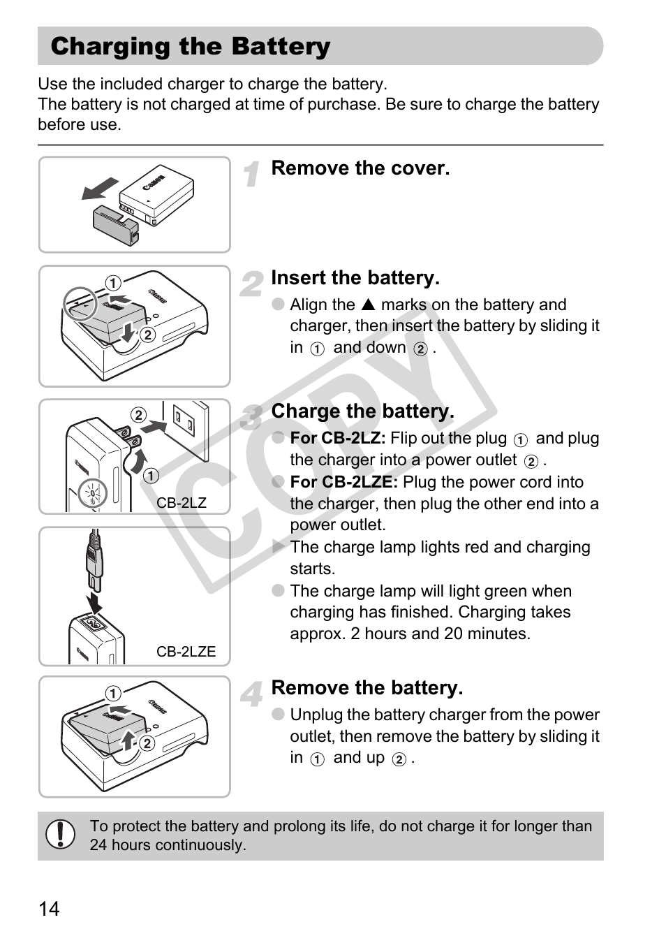 Charging the battery, Co py | Canon PowerShot G11 User Manual | Page 14 / 196