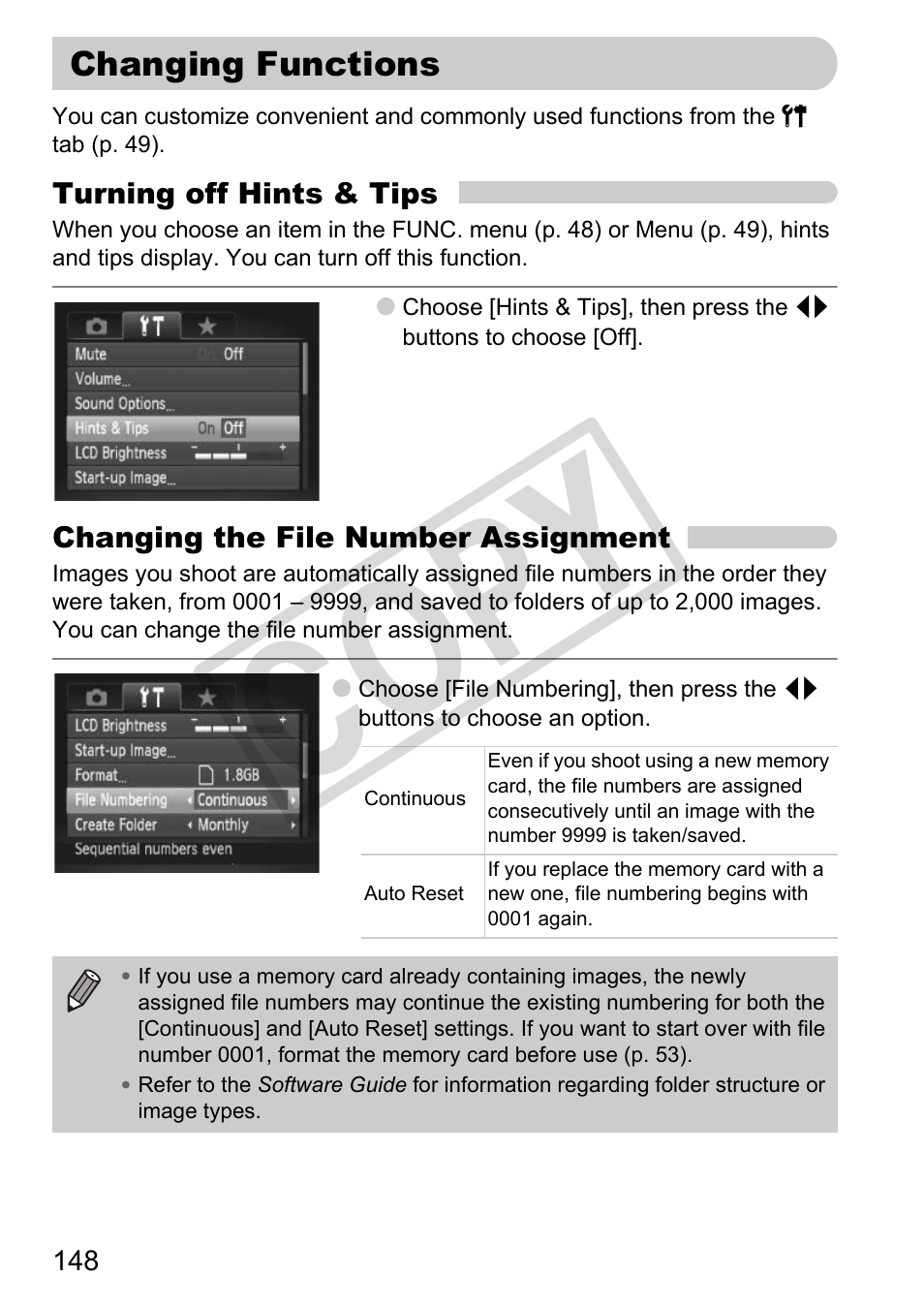 Changing functions, Number (p. 148), Co py | Canon PowerShot G11 User Manual | Page 148 / 196