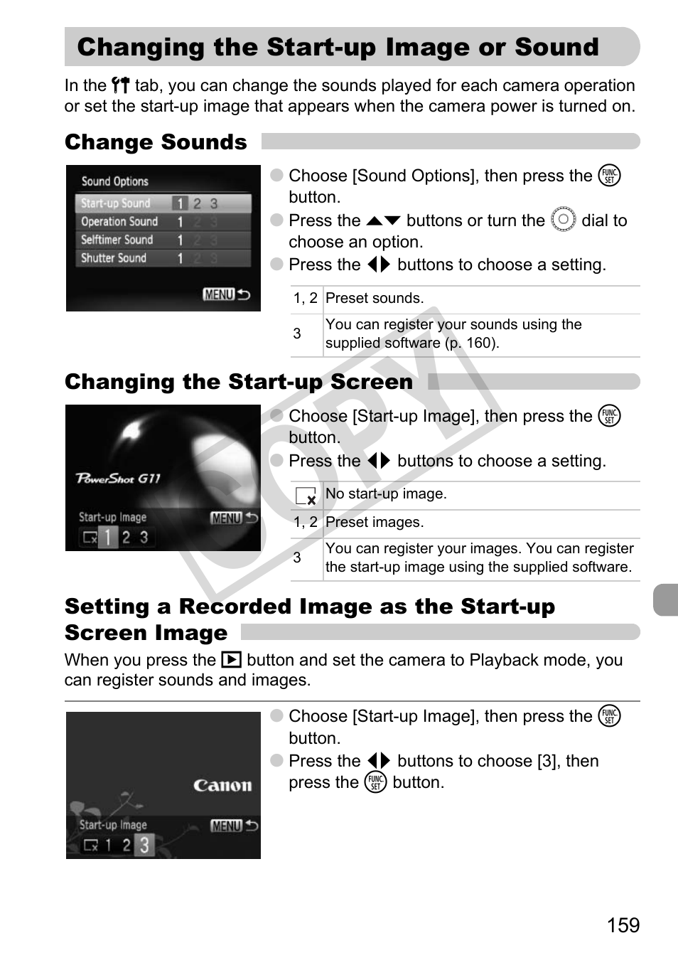 Changing the start-up image or sound, P. 159), Co py | Canon PowerShot G11 User Manual | Page 159 / 196