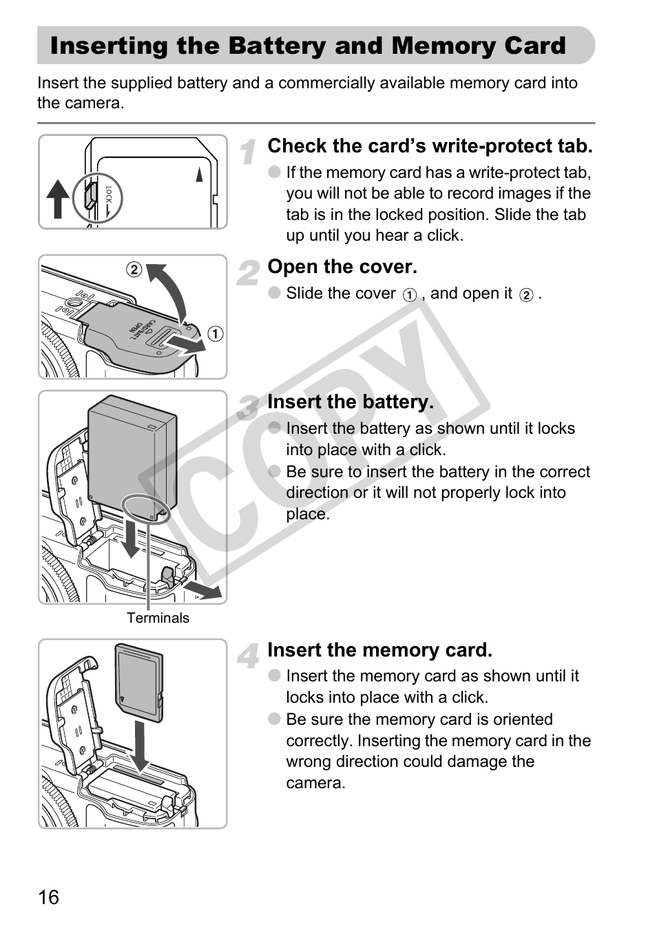 Inserting the battery and memory card, Co py | Canon PowerShot G11 User Manual | Page 16 / 196