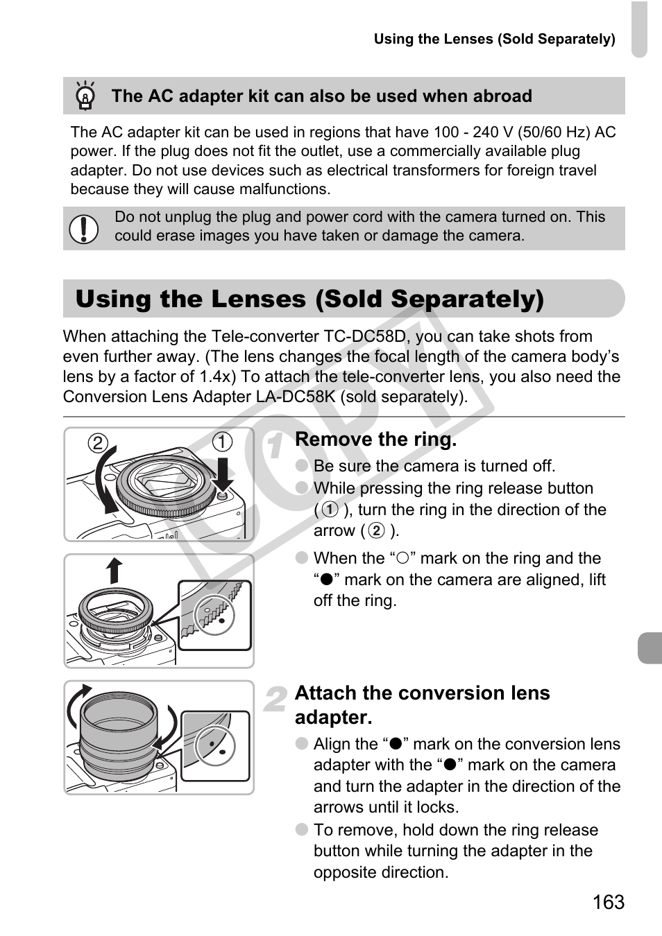 Using the lenses (sold separately), Utton (pp. 163, Co py | Canon PowerShot G11 User Manual | Page 163 / 196