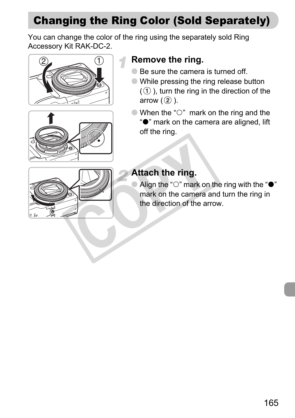 Changing the ring color (sold separately), Co py | Canon PowerShot G11 User Manual | Page 165 / 196