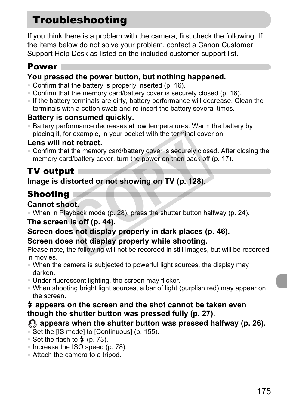 Troubleshooting, Co py | Canon PowerShot G11 User Manual | Page 175 / 196