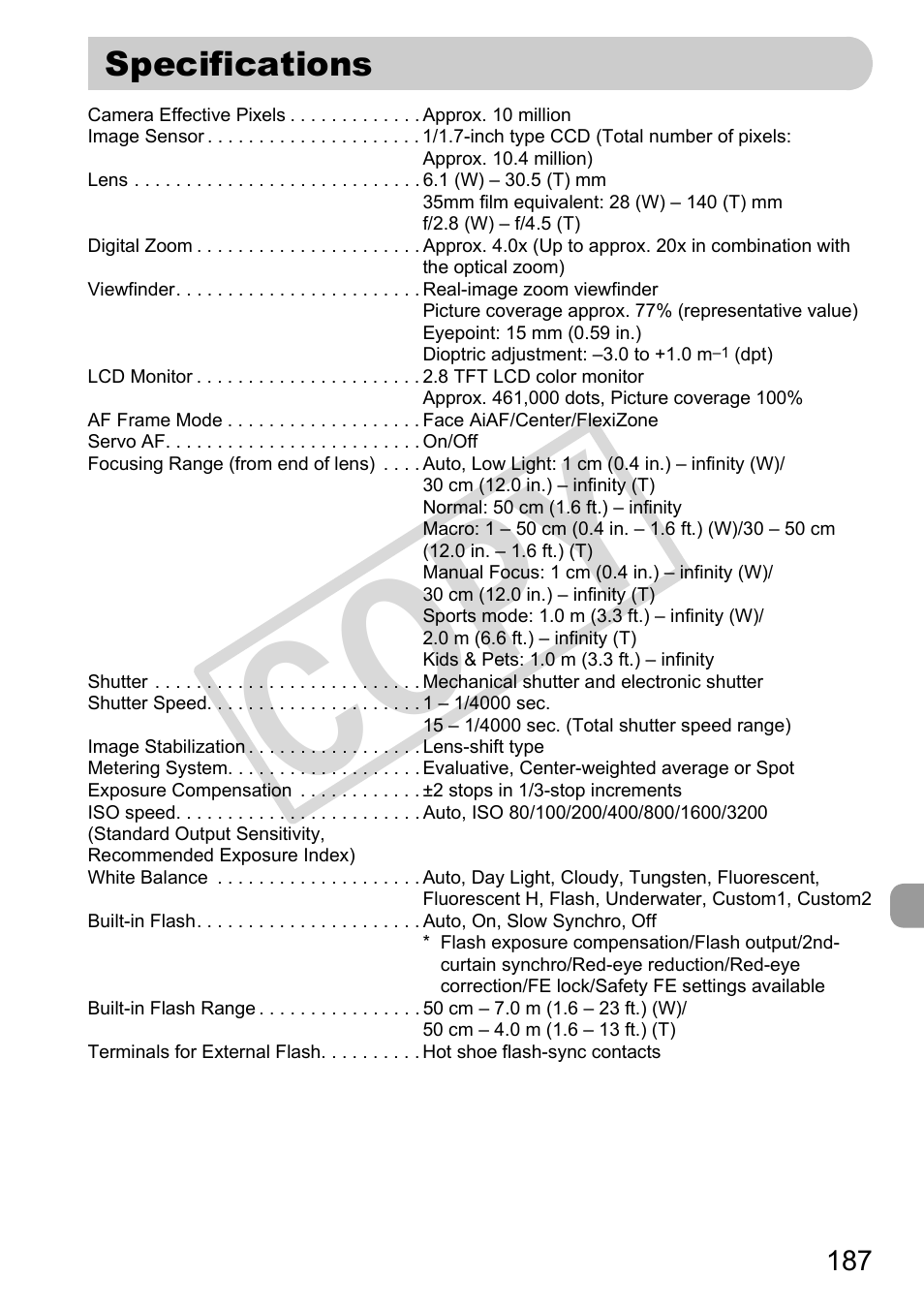 Specifications, P. 187, Co py | Canon PowerShot G11 User Manual | Page 187 / 196