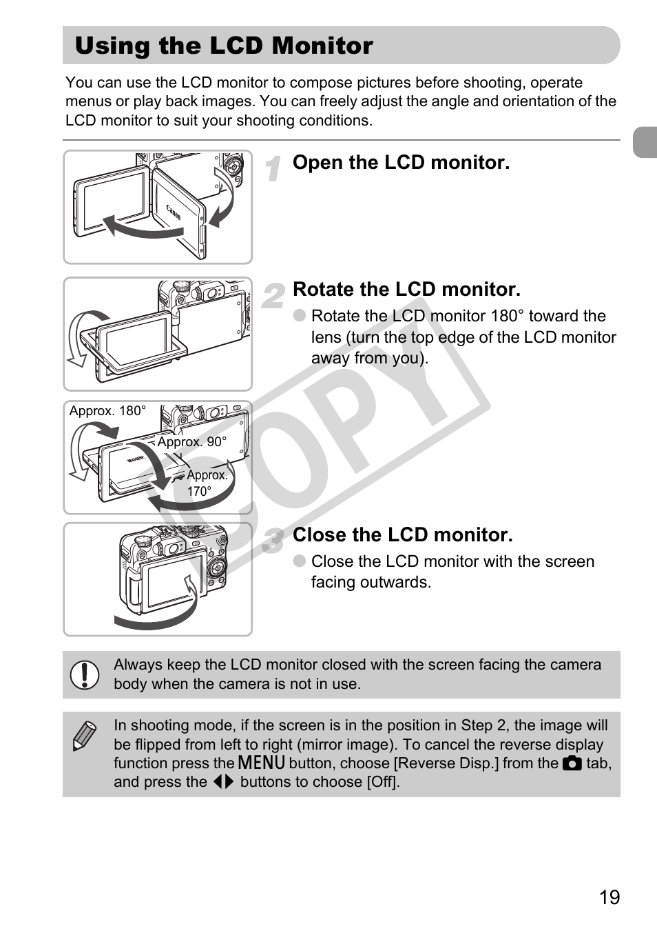 Using the lcd monitor, Co py | Canon PowerShot G11 User Manual | Page 19 / 196