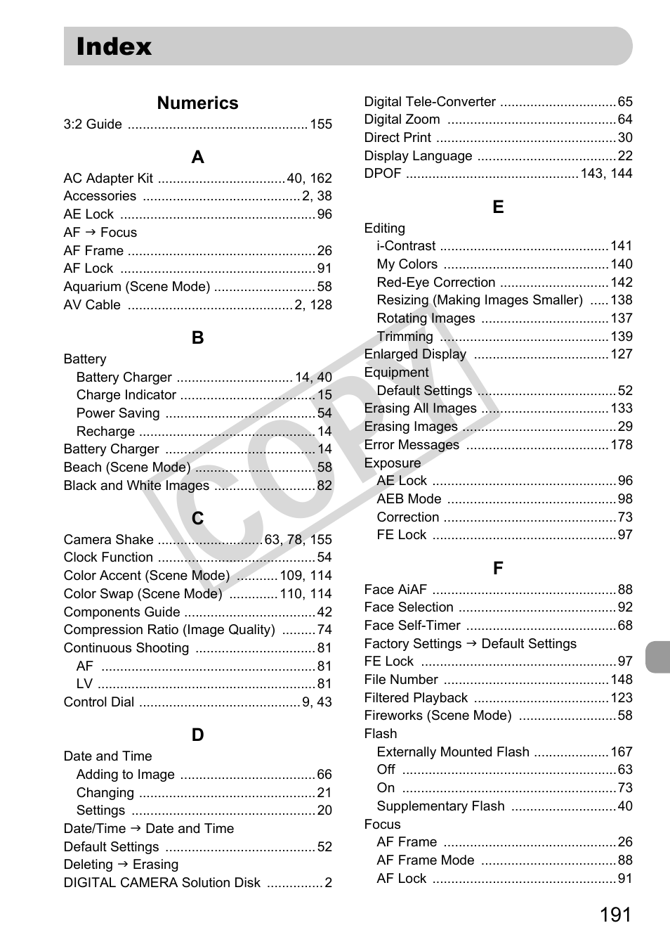 Index, C o p y | Canon PowerShot G11 User Manual | Page 191 / 196