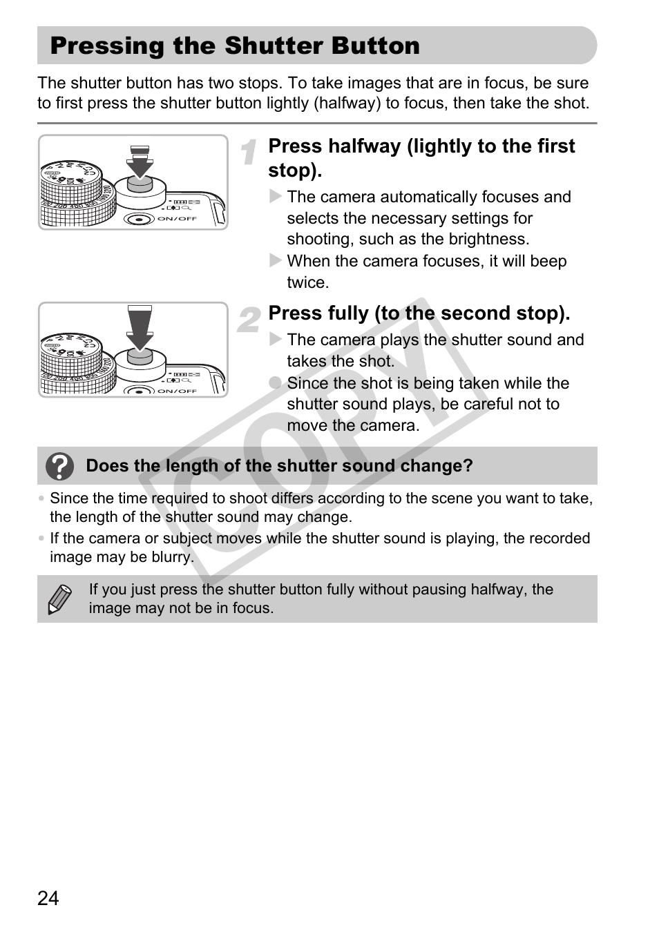 Pressing the shutter button, Co py | Canon PowerShot G11 User Manual | Page 24 / 196