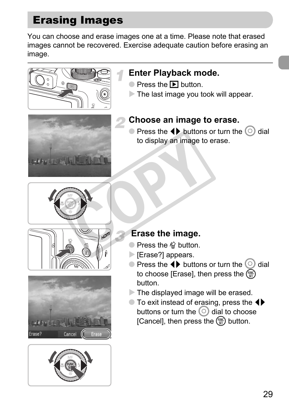 Erasing images, Co py | Canon PowerShot G11 User Manual | Page 29 / 196