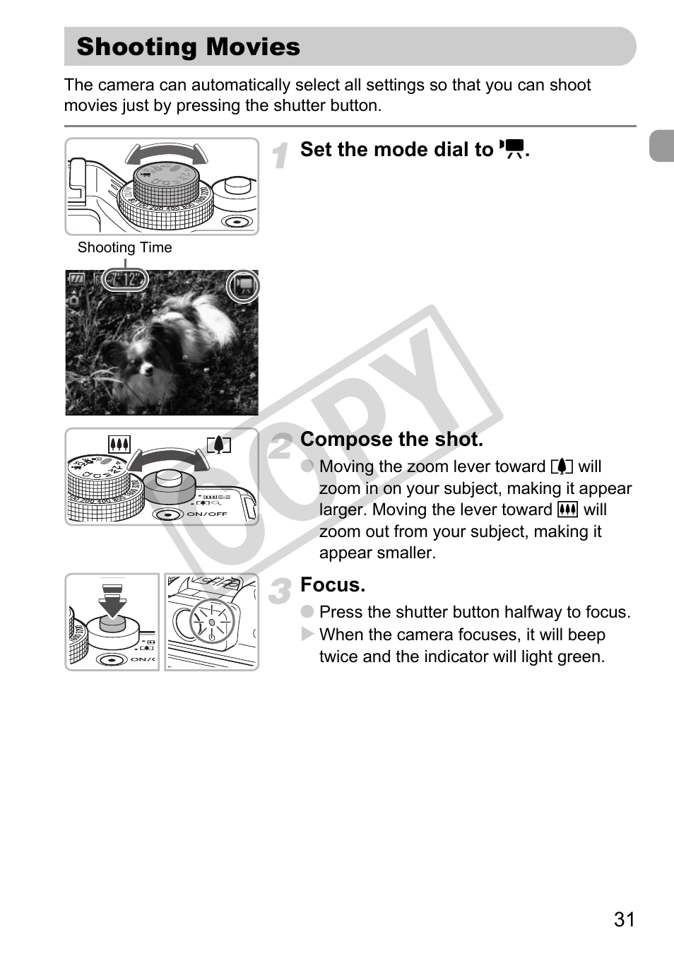 Shooting movies, Co py | Canon PowerShot G11 User Manual | Page 31 / 196