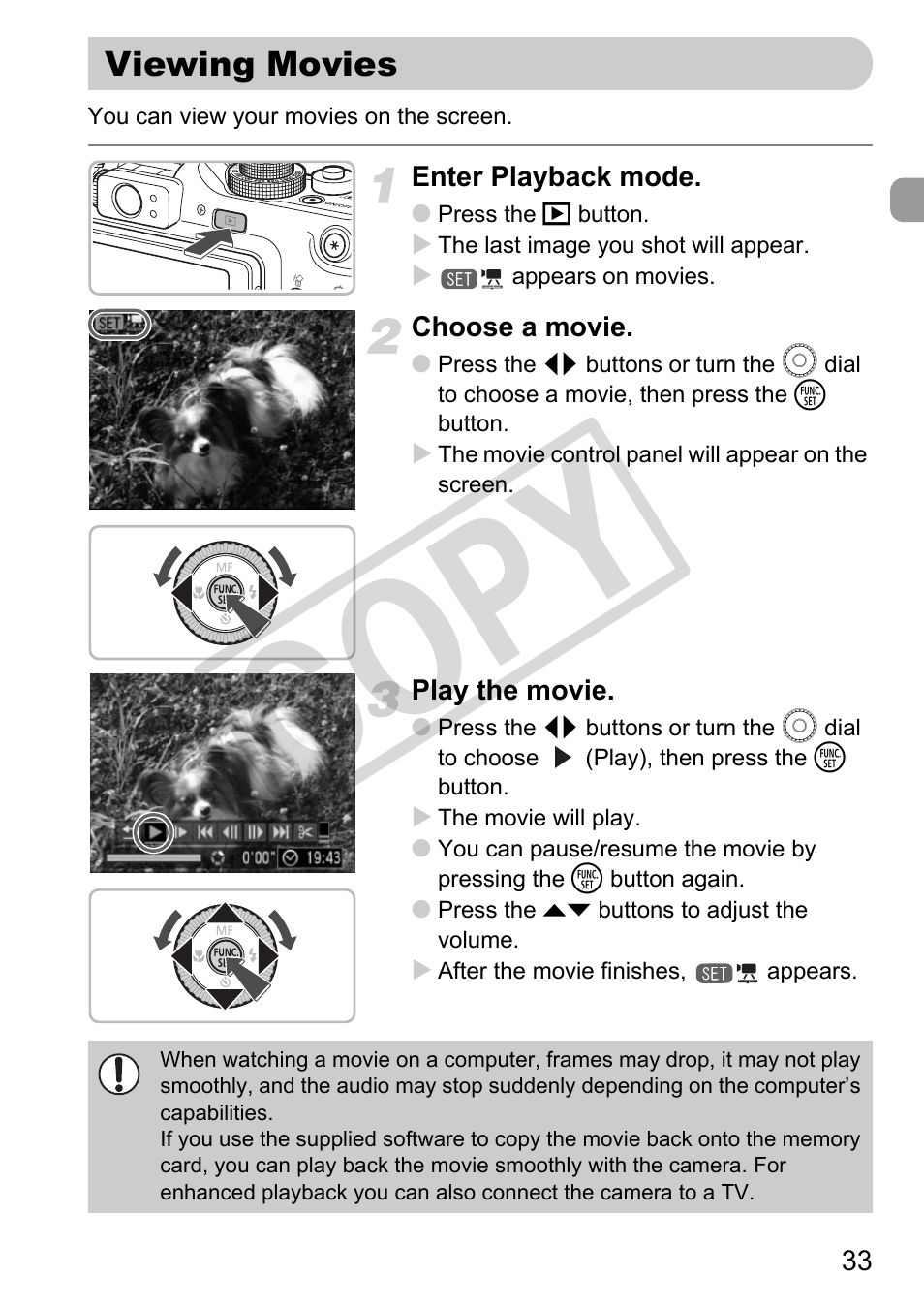 Viewing movies, Co py | Canon PowerShot G11 User Manual | Page 33 / 196