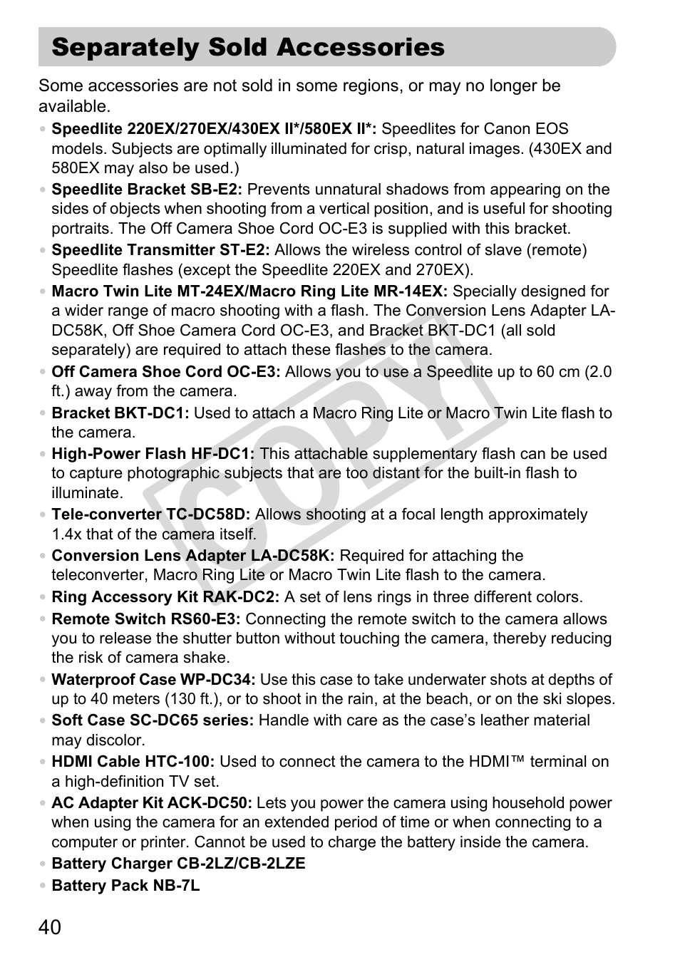 Separately sold accessories, Co py | Canon PowerShot G11 User Manual | Page 40 / 196