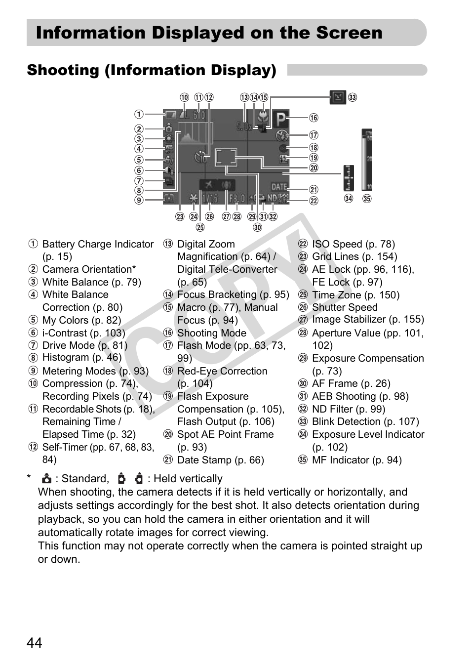 Information displayed on the screen, C o py | Canon PowerShot G11 User Manual | Page 44 / 196
