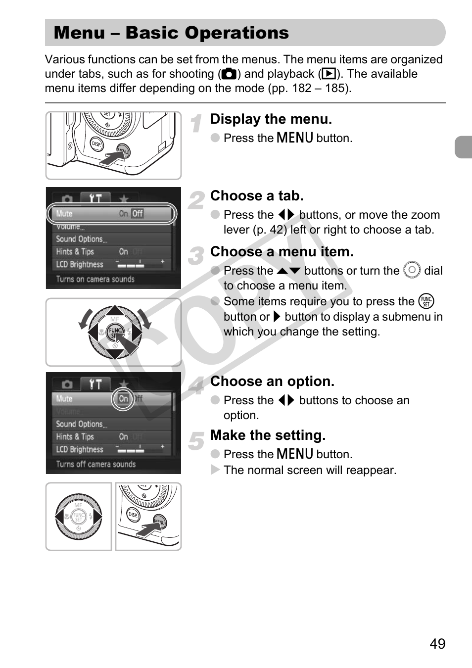 Menu – basic operations, Nu) button (p. 49), Co py | Canon PowerShot G11 User Manual | Page 49 / 196