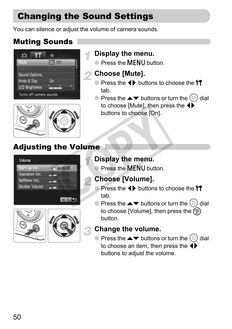 Changing the sound settings, Co py | Canon PowerShot G11 User Manual | Page 50 / 196