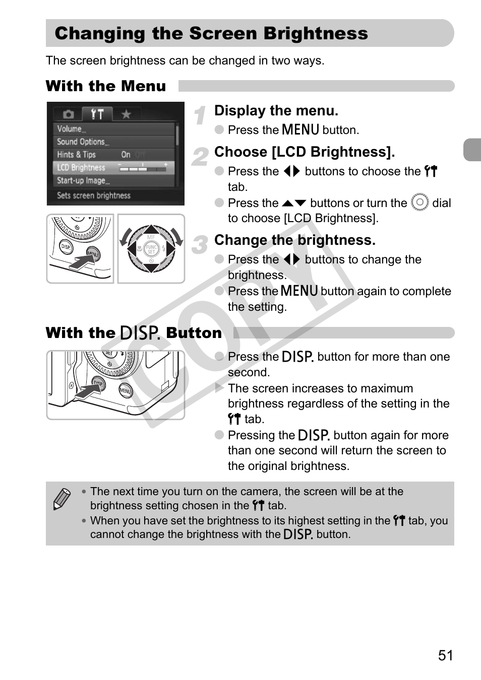 Changing the screen brightness, Co py | Canon PowerShot G11 User Manual | Page 51 / 196