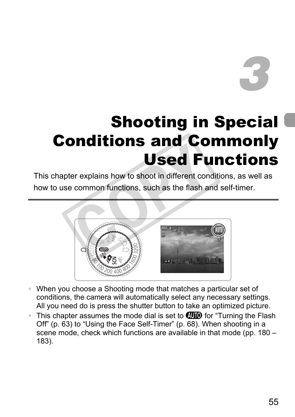 Shooting in special, Conditions and commonly, Used functions | Co py | Canon PowerShot G11 User Manual | Page 55 / 196