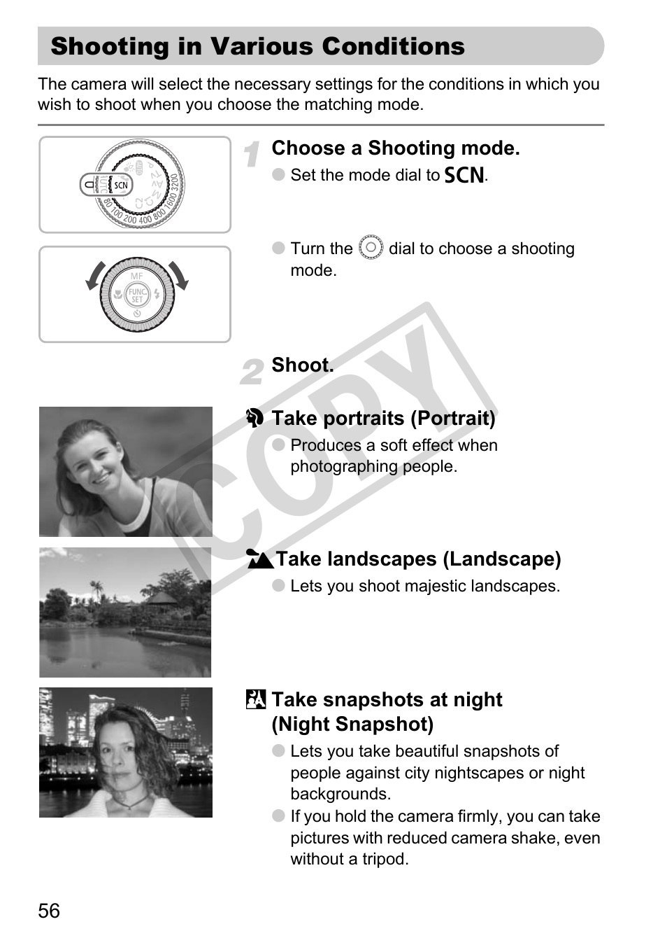 P. 56), Shooting in various conditions, Ton (p. 56) | Co py | Canon PowerShot G11 User Manual | Page 56 / 196