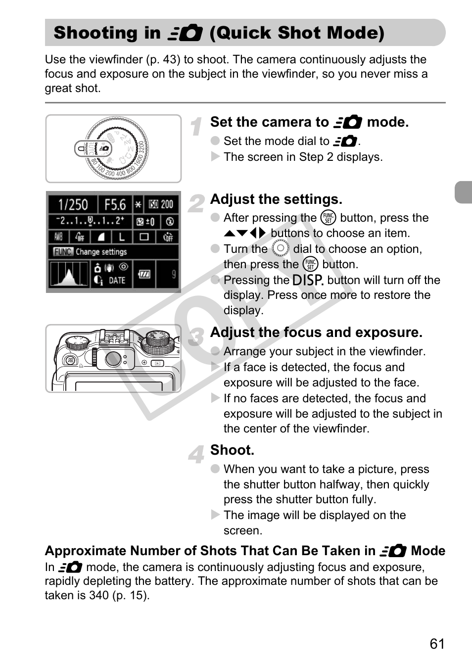 Shooting in, Quick shot mode), P. 61) | Co py | Canon PowerShot G11 User Manual | Page 61 / 196