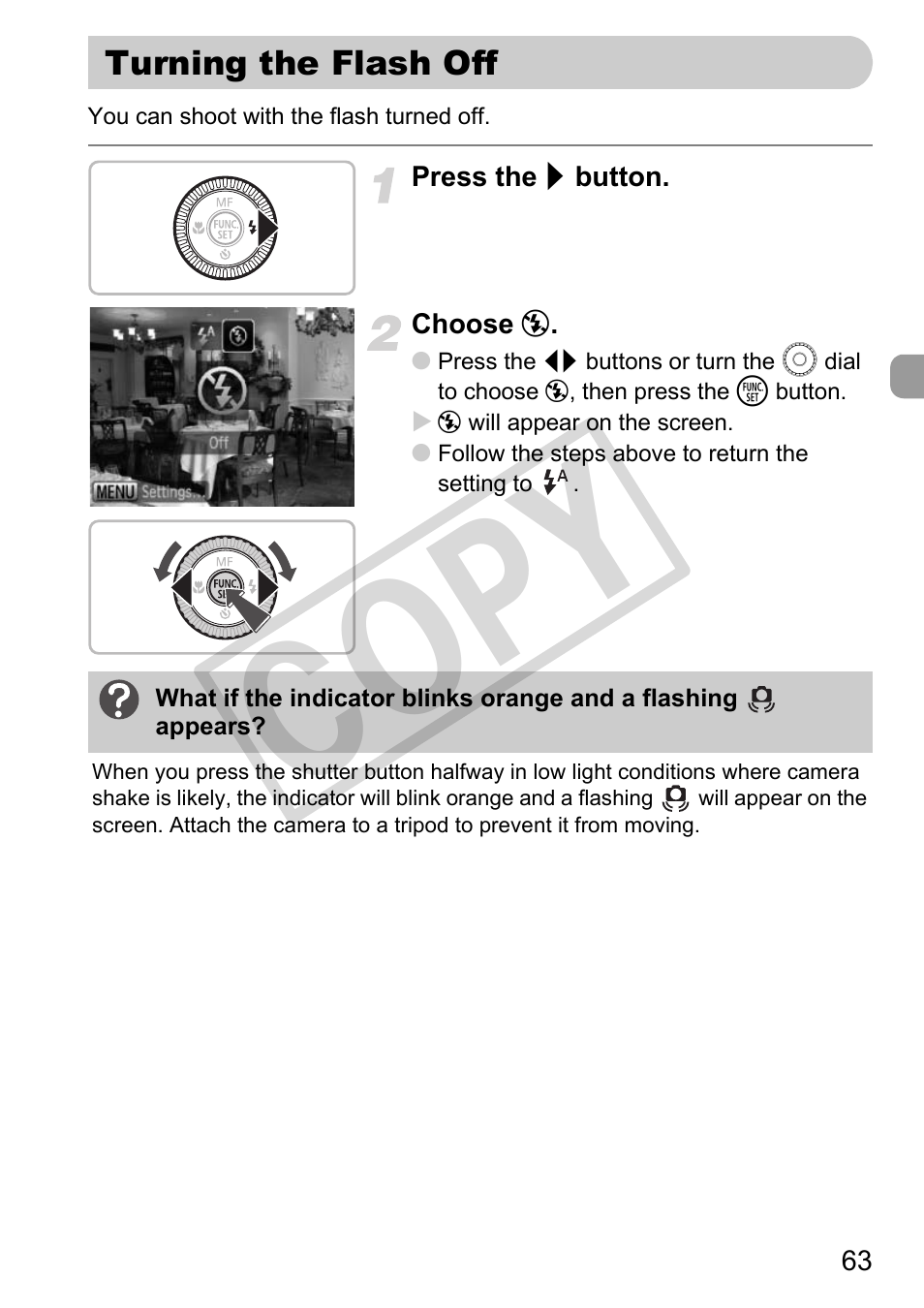 Turning the flash off, Flash (pp. 63, Flash) (pp. 63 | E (pp. 63, 73, Hake warning (p. 63), R “turning the flash, Off” (p. 63) to “us, E (pp. 63, 73), Co py | Canon PowerShot G11 User Manual | Page 63 / 196