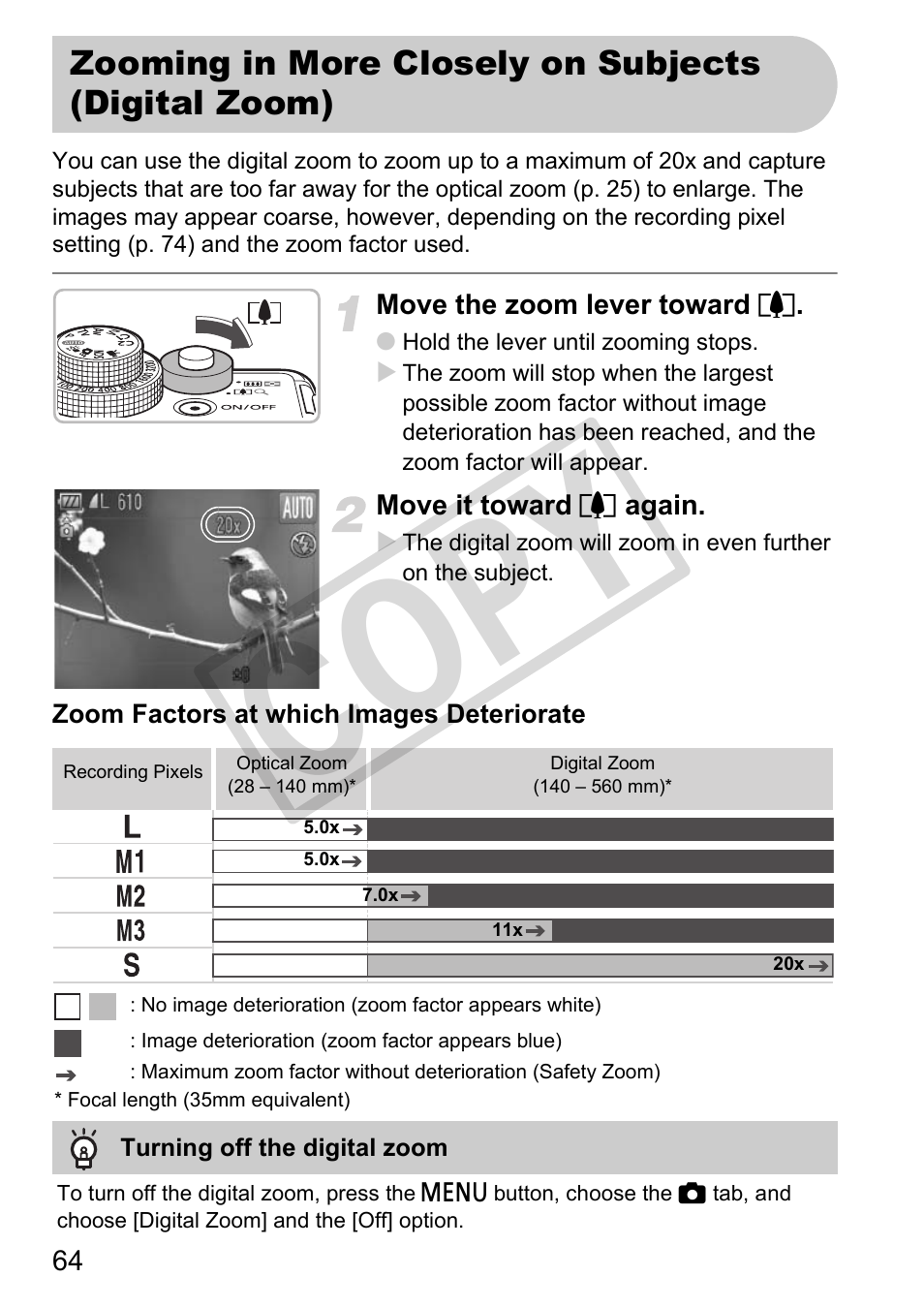 Zooming in more closely on subjects (digital zoom), Ion (p. 64), Co py | Canon PowerShot G11 User Manual | Page 64 / 196