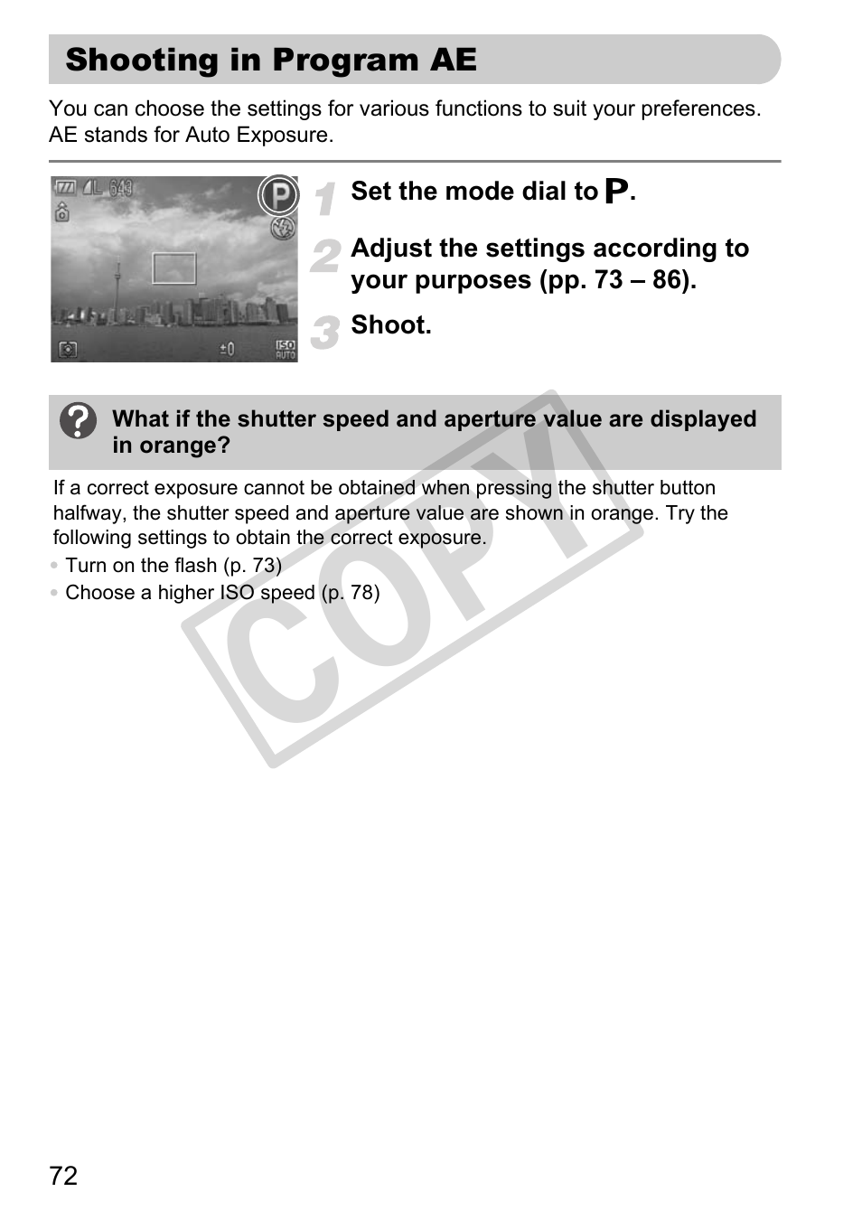 Shooting in program ae, You want (pp. 72, 100, 101, Co py | Canon PowerShot G11 User Manual | Page 72 / 196