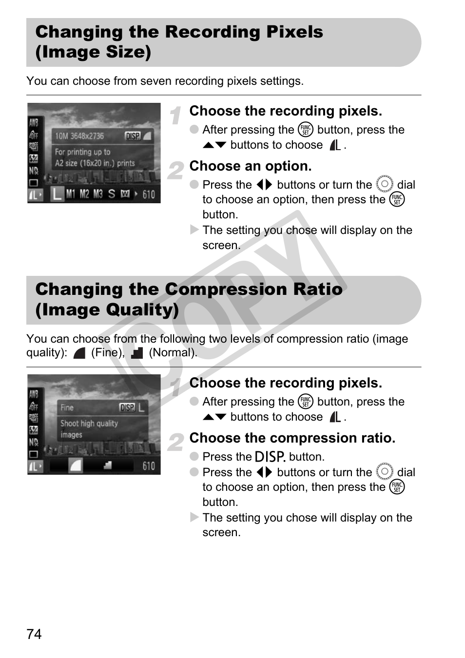 Changing the recording pixels (image size), Changing the compression ratio (image quality), P. 74) | Pixels (p. 74), Ls (p. 74), Quality) (p. 74), Co py | Canon PowerShot G11 User Manual | Page 74 / 196
